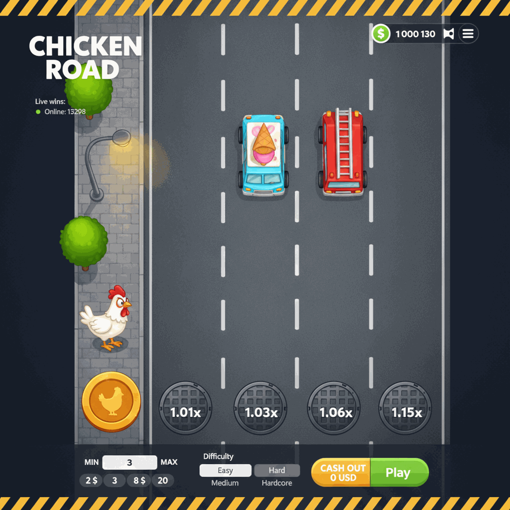 Chicken Road gioco crash InOut: gallina bianca attraversa una strada urbana trafficata con corsie multiple, auto colorate e marcatori di moltiplicatore circolari su ogni corsia, visualizzazione dall'alto con asfalto grigio e linee tratteggiate bianche